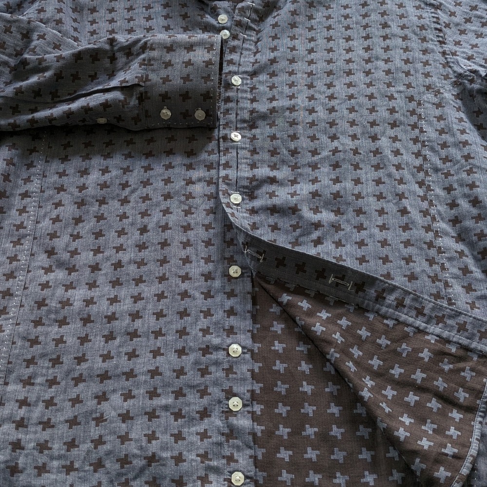 Bogosse Shirt Mens Size 6 (2X) Chambray Blue Brown Geometric Long Sleeve Button - Picture 4 of 8